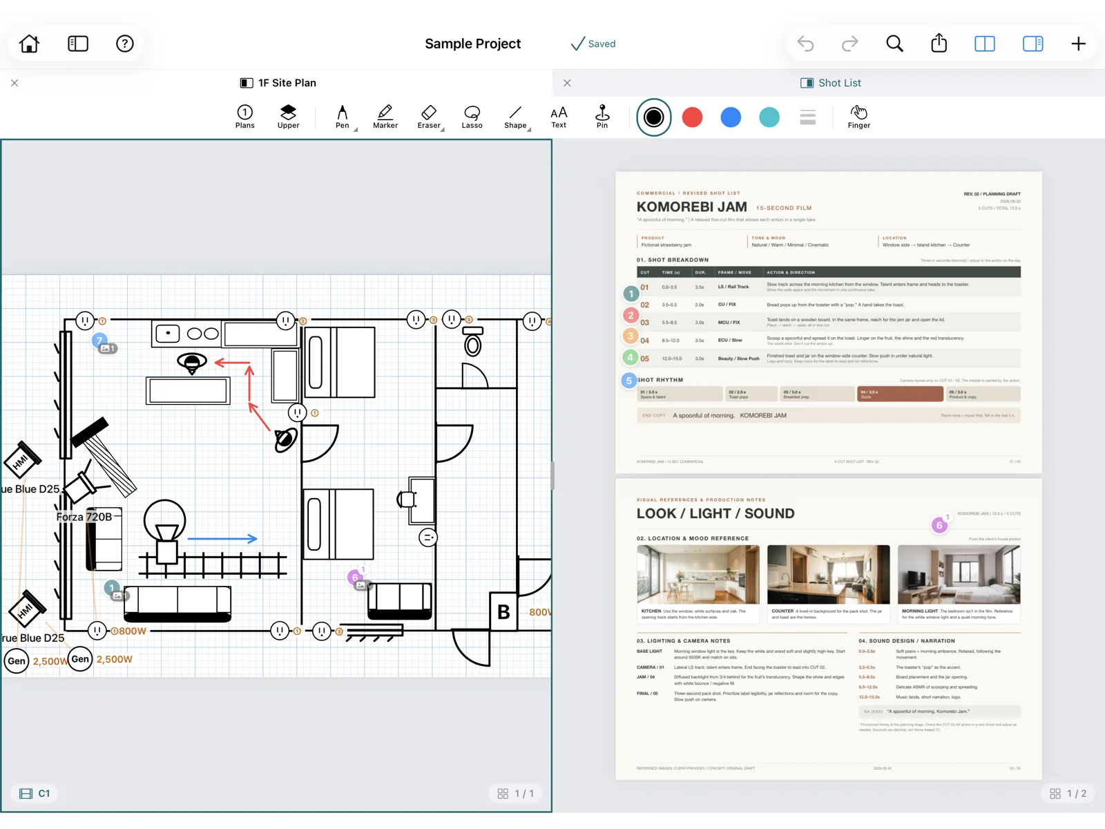 iPad in split view: a floor plan with cameras and lights next to a shot list PDF.