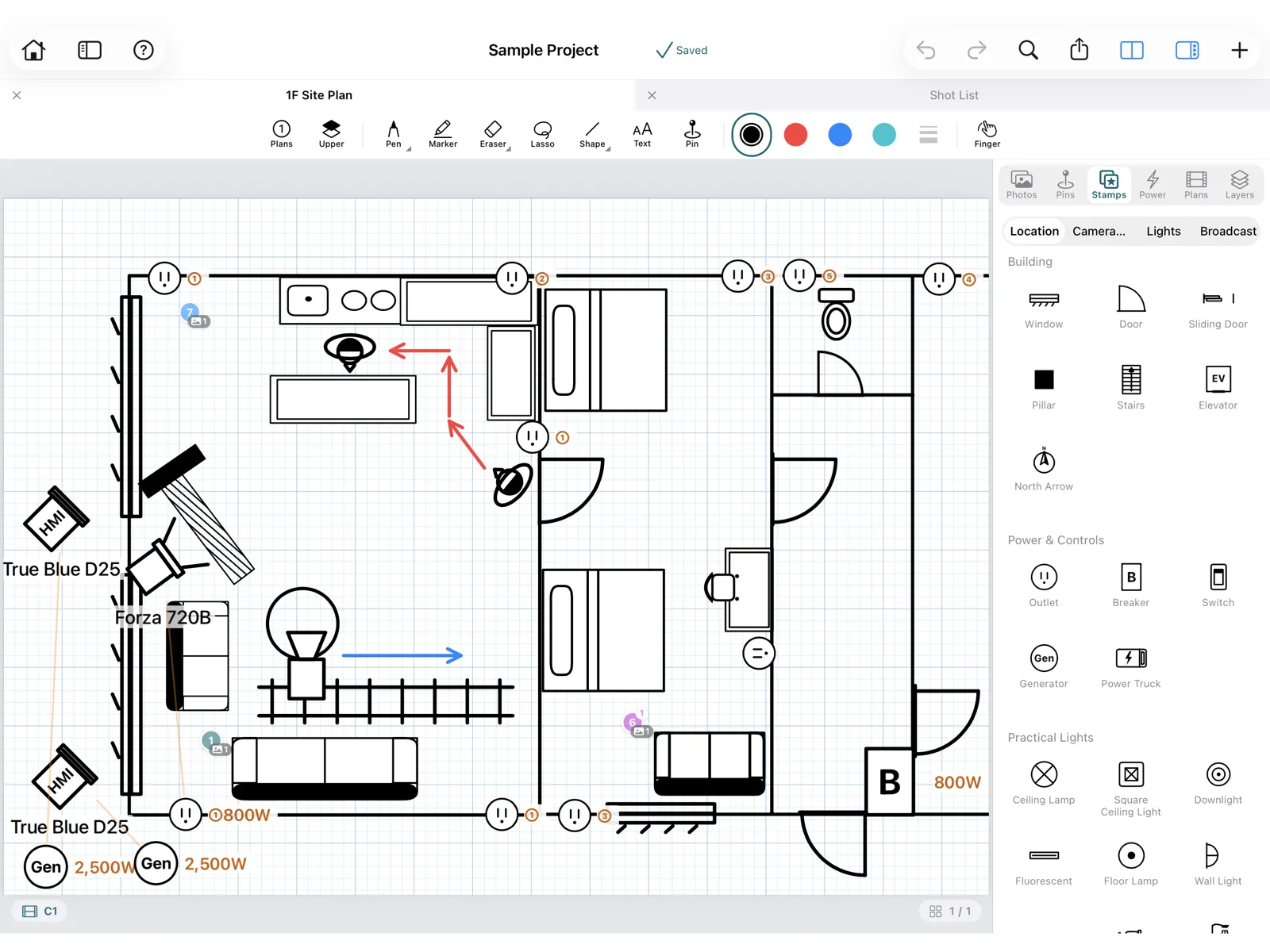 A floor plan drawn on a grid page with stamps for windows, doors, outlets, cameras and people.