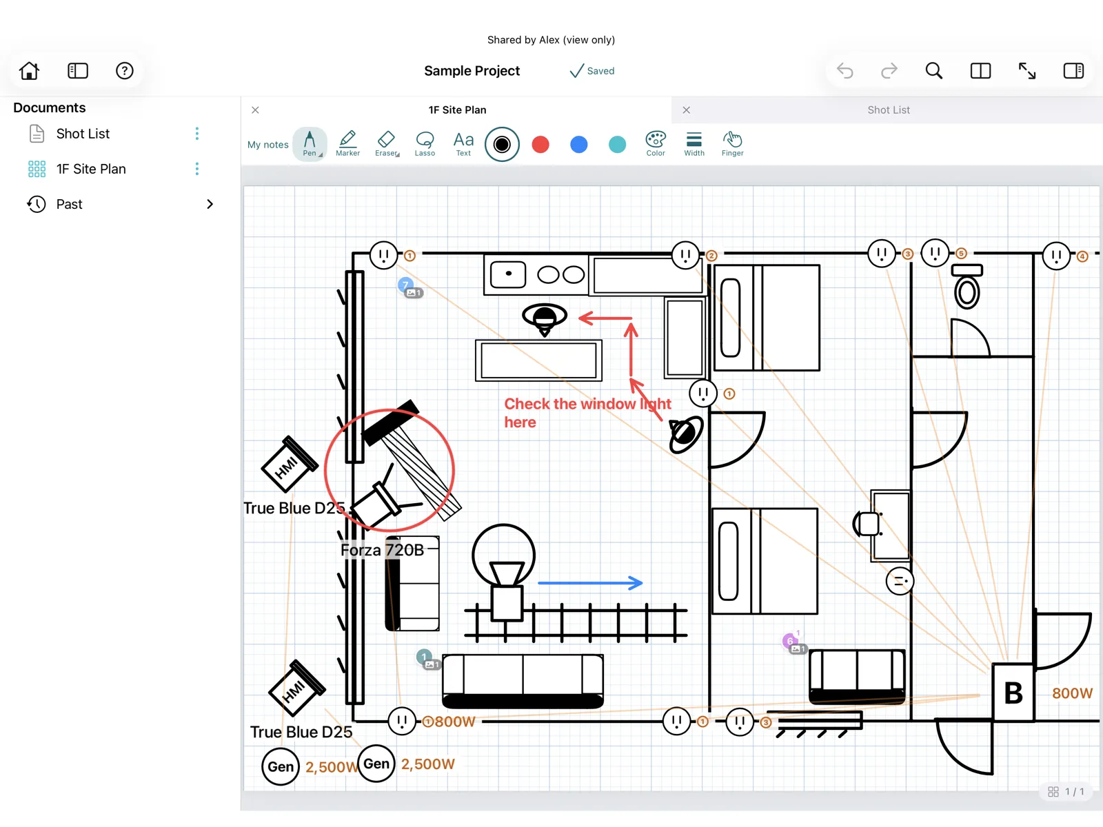 A shared floor plan with private notes written on top.