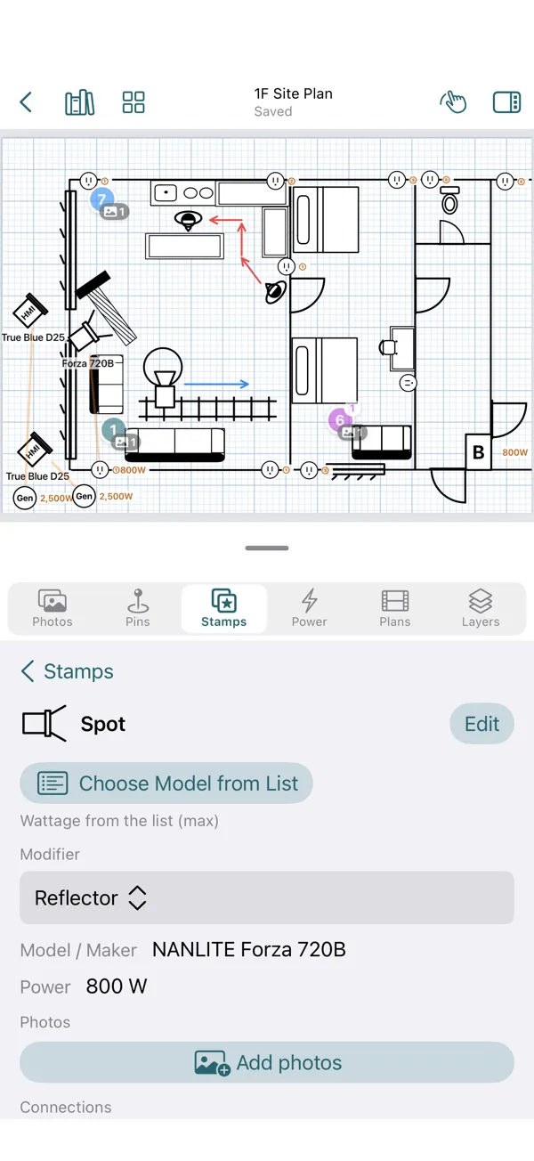 Details of a light placed on the plan, on iPhone.